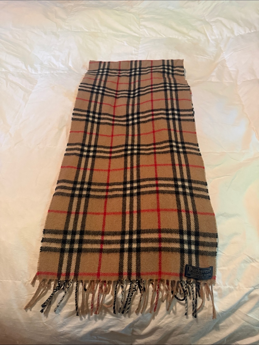 Burberry Beige Plaid Wool/Cashmere Scarf with Black and Red Stripes